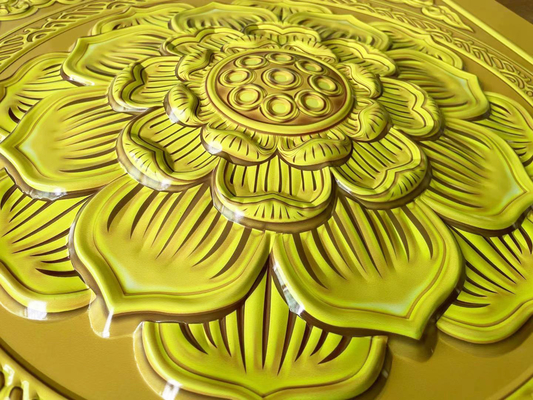 600x600mm Aluminium Métal Plafond 3D Temple Conseil Feuille d'or Bouddha Hall Lotus